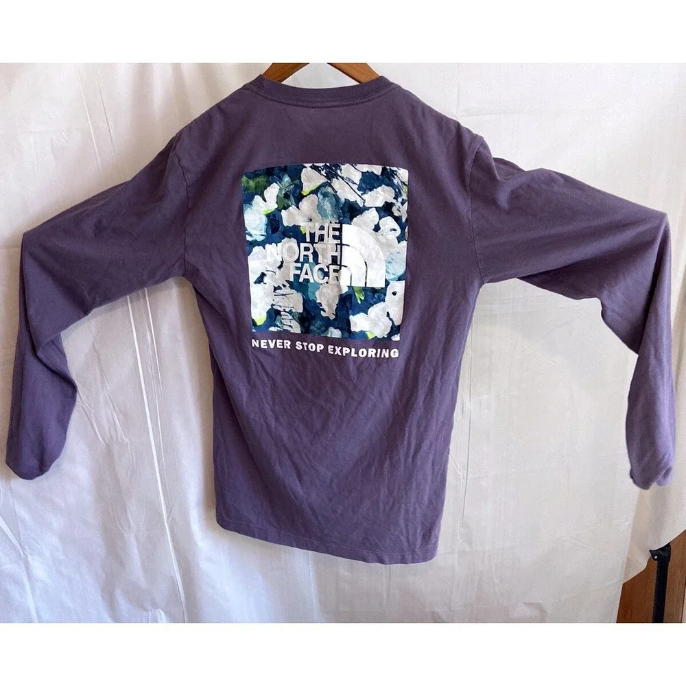The North Face Mens XS Purple Long Sleeve Floral Box Logo Graphic‎ T-Shirt